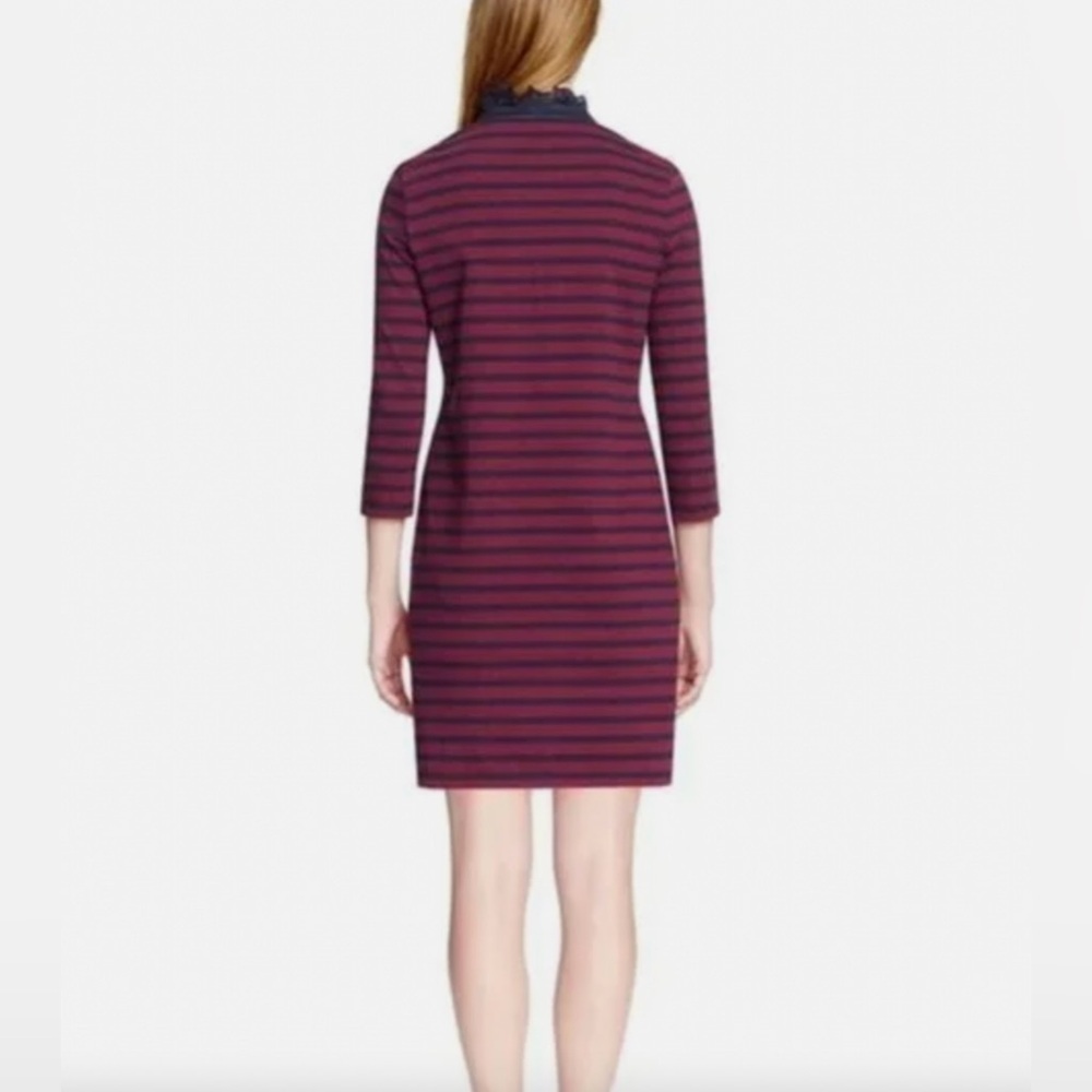 Tory Burch Striped Cotton Shift Dress Red Navy Ruffle Neck Logo Buttons Size S - Picture 2 of 11